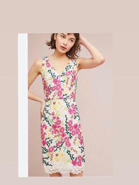 Anthropologie Moulinette Soeurs Pink & White Floral Lace V-Neck Sheath Dress